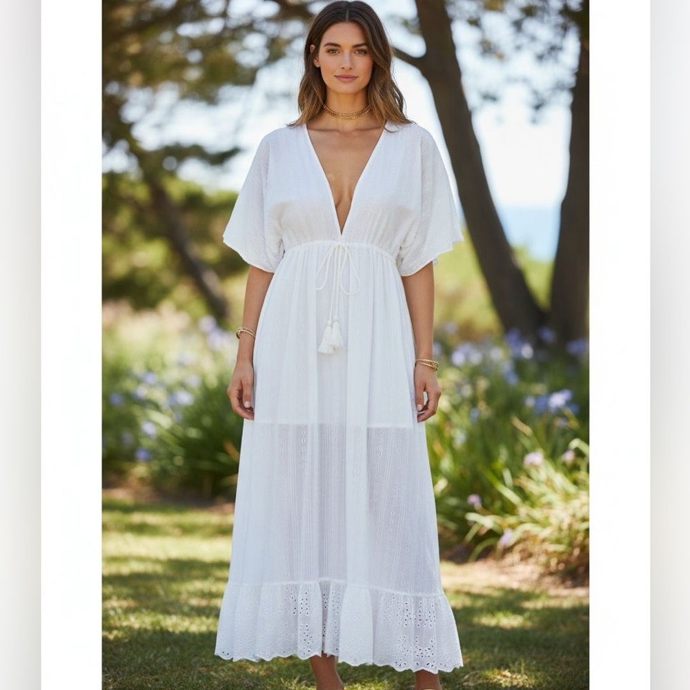 MARIA STANLEY LAURENA EYELET  KIMONO SLEEVES COTTON MAXI DRESS WOMEN'S SZ SMALL